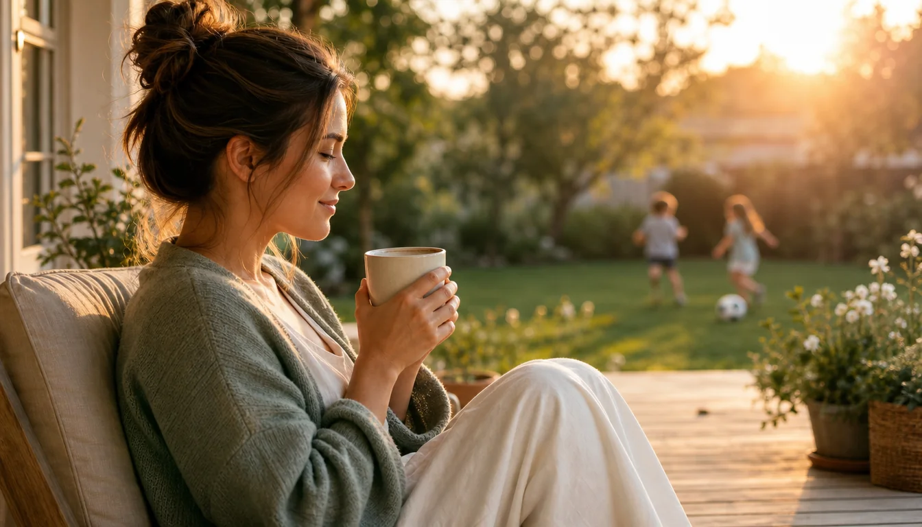 A young mom enjoying a peaceful coffee on the patio at sunrise while kids play outside